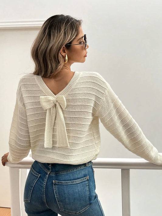 Hollow Bow Striped Long Sleeve Sweater