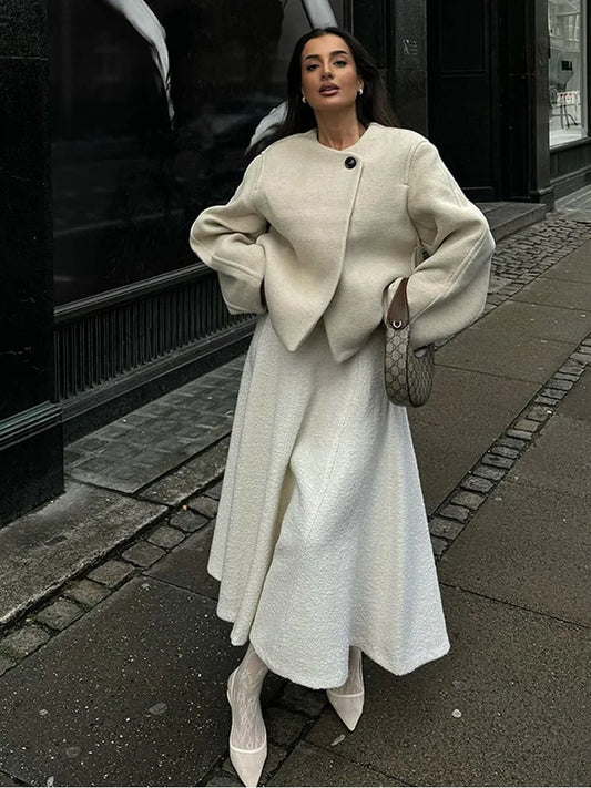 White Long Sleeve Woolen Coat