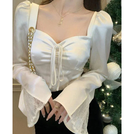 Elegant Lace Patchwork Flare Sleeve Sexy Slim Blouse WHITE / S blouse-250126