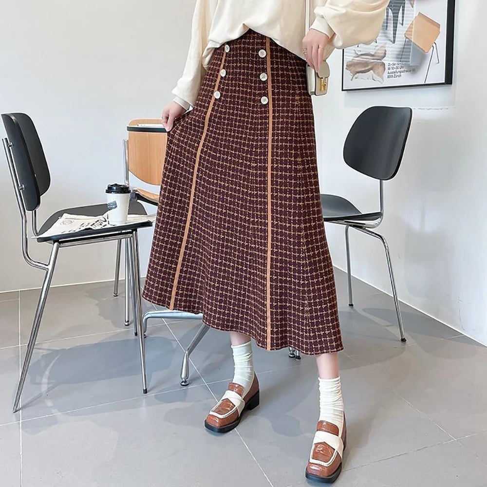 Elegant Fashionable Plaid High-Waisted New Trendy Autumn Winter A-line Swing Skirt