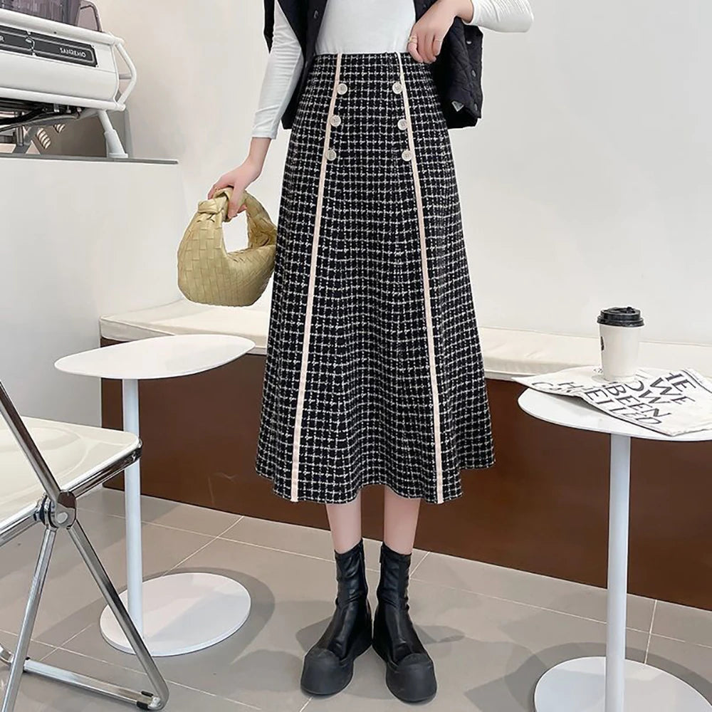 Elegant Fashionable Plaid High-Waisted New Trendy Autumn Winter A-line Swing Skirt