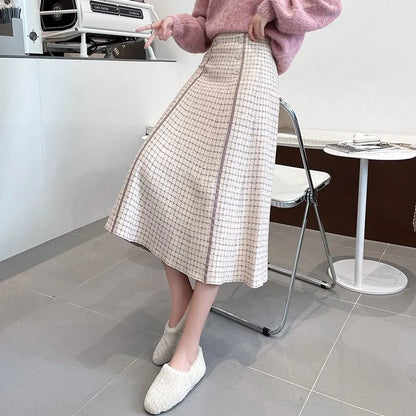 Elegant Fashionable Plaid High-Waisted New Trendy Autumn Winter A-line Swing Skirt