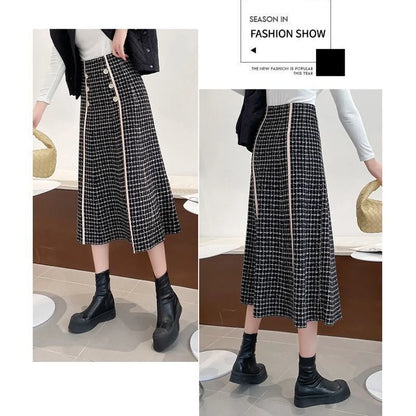 Elegant Fashionable Plaid High-Waisted New Trendy Autumn Winter A-line Swing Skirt