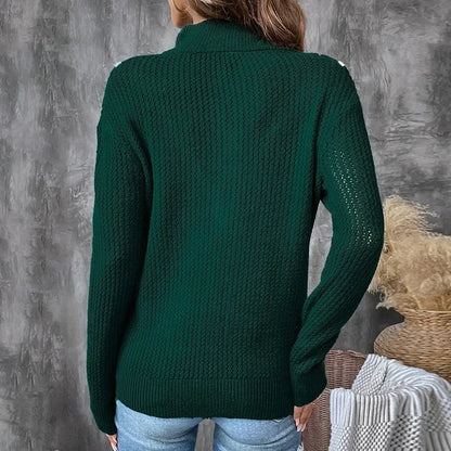 Fashion Color Blocked Retro Dark Green Zipper Half Open Christmas Sweater