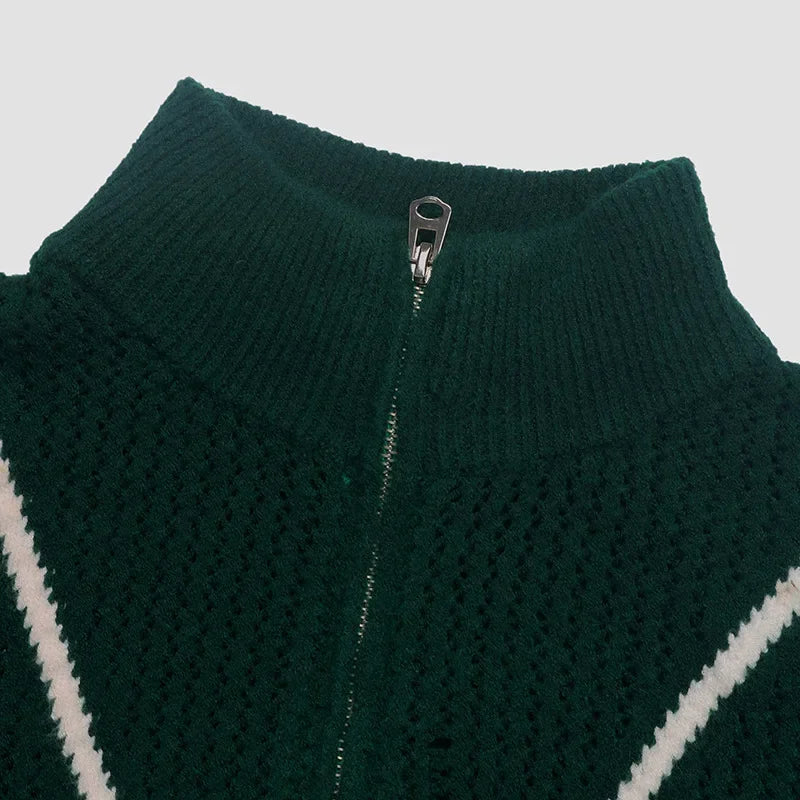 Fashion Color Blocked Retro Dark Green Zipper Half Open Christmas Sweater