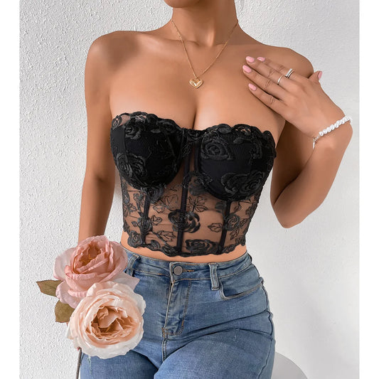 Floral Lace Backless Short Y2K Sexy Crop Top