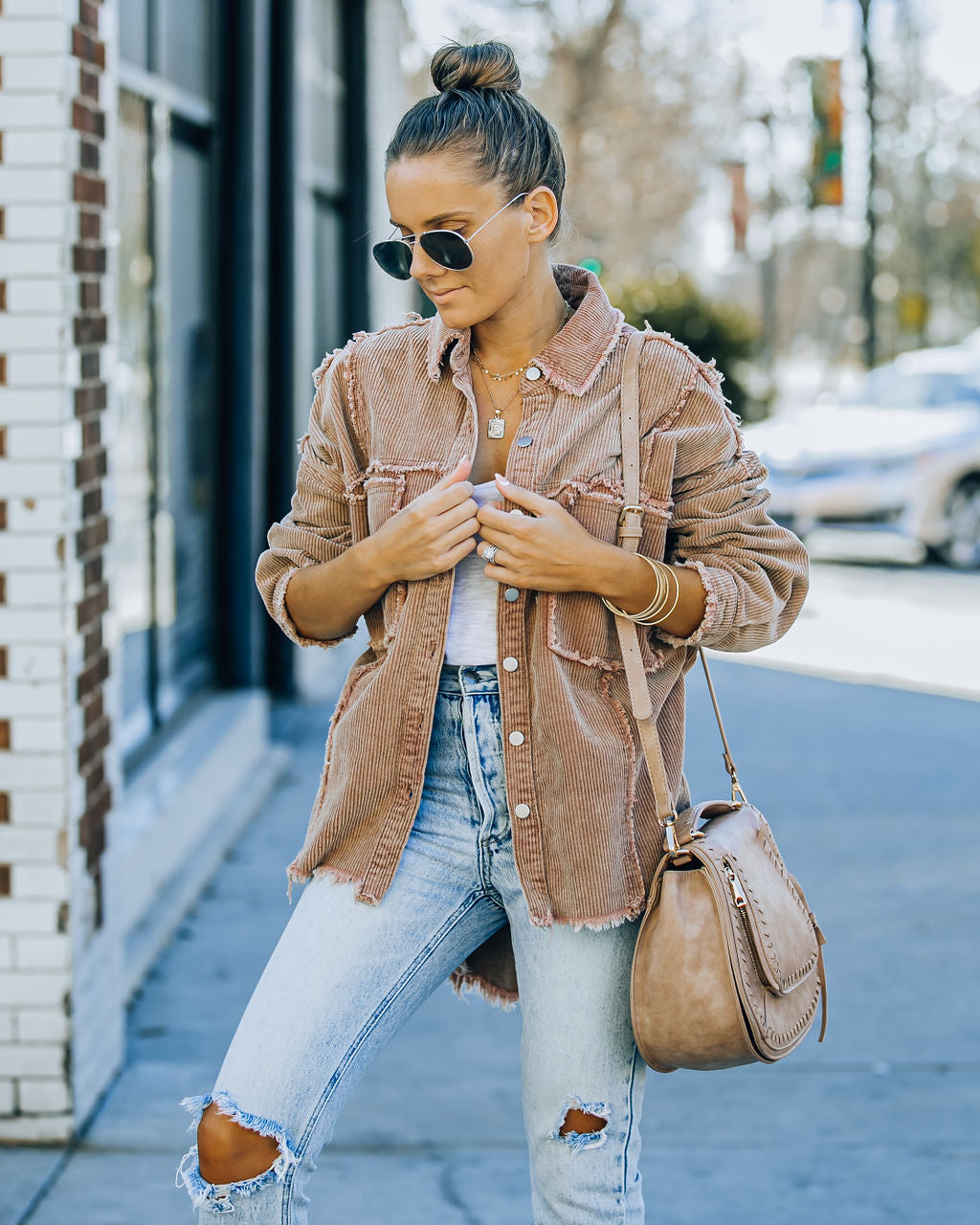 Navid Corduroy Shacket with Pockets - Brown Sugar