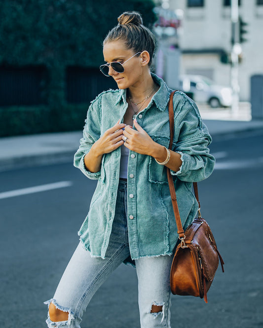 Cotton Pocketed Corduroy Shacket - Seafoam