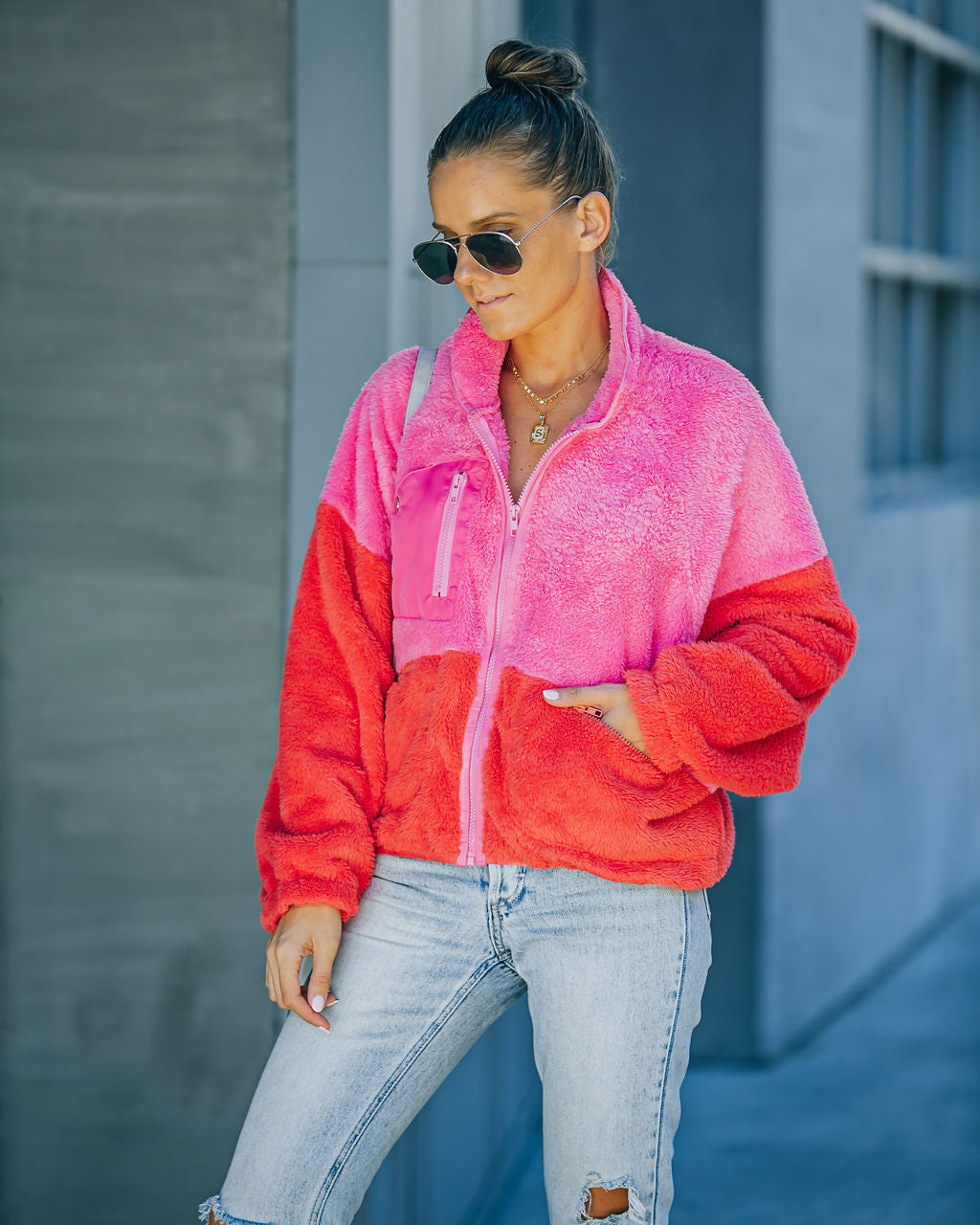 Nava Pink Colorblock Zip Up Jacket with Pockets