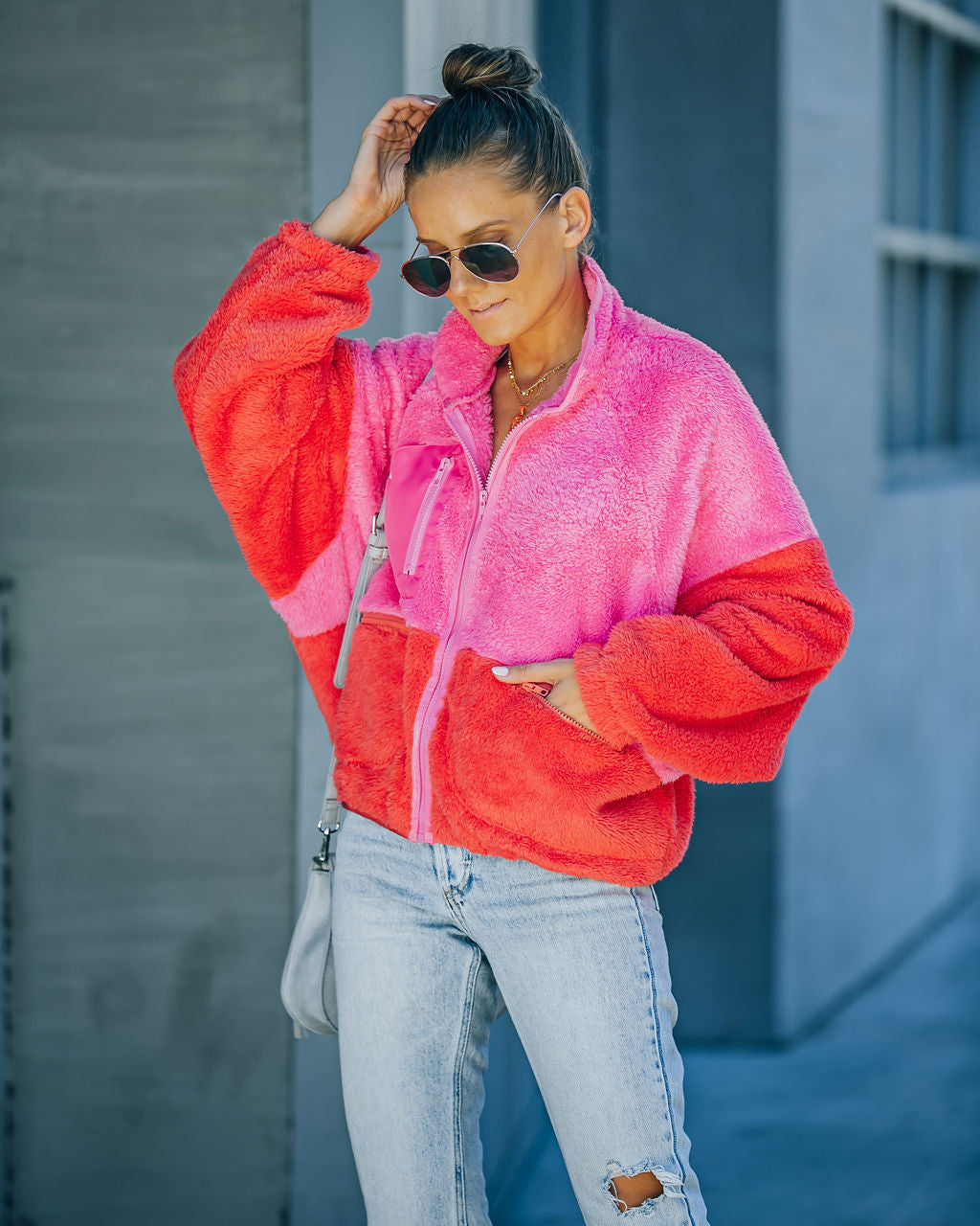 Nava Pink Colorblock Zip Up Jacket with Pockets