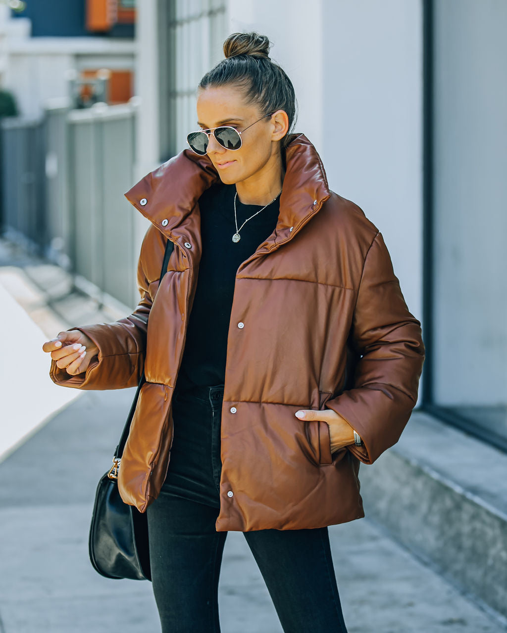 Brown Cade Pocketed Faux Leather Puffer Jacket