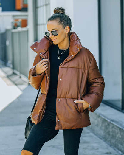 Brown Cade Pocketed Faux Leather Puffer Jacket