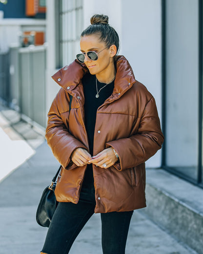 Brown Cade Pocketed Faux Leather Puffer Jacket