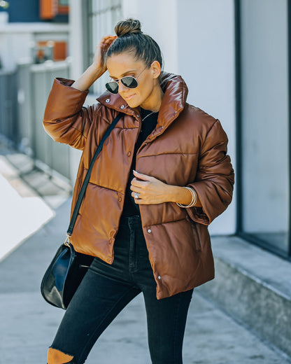 Brown Cade Pocketed Faux Leather Puffer Jacket