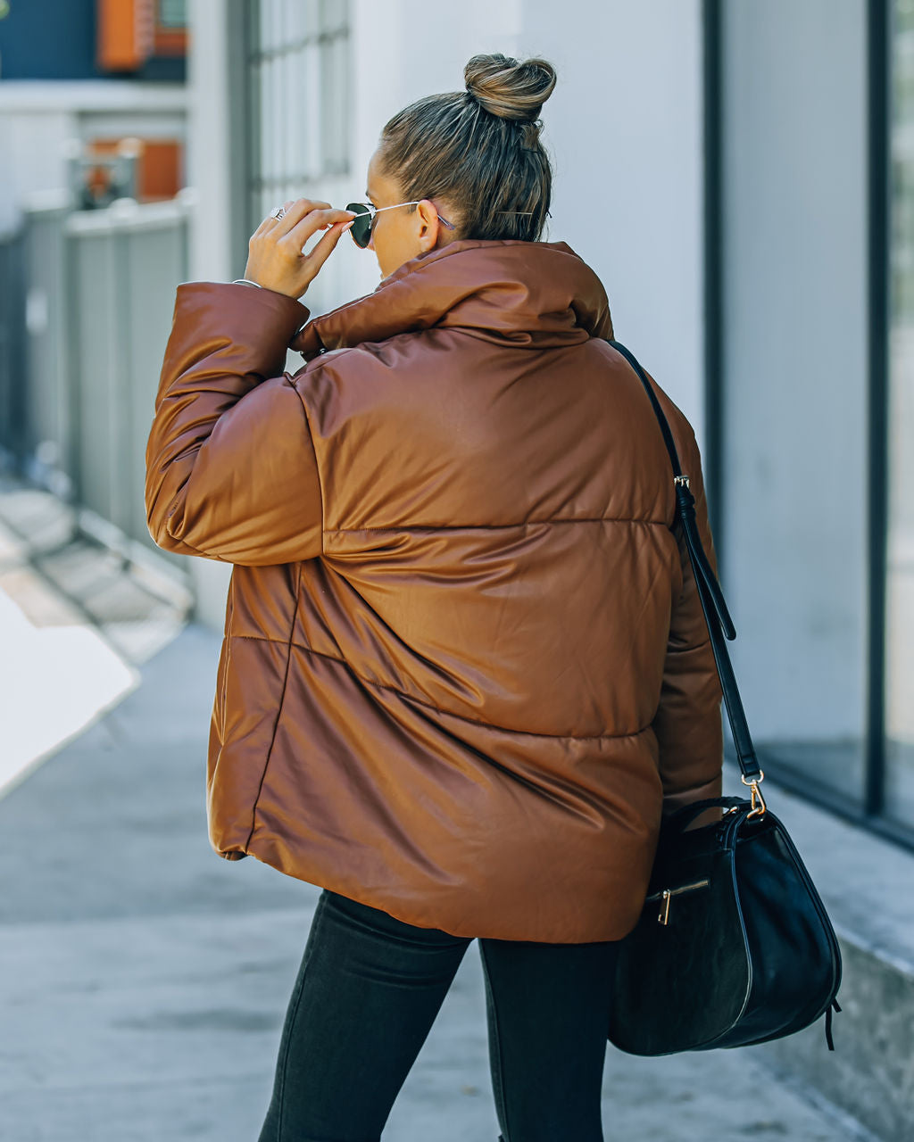 Brown Cade Pocketed Faux Leather Puffer Jacket