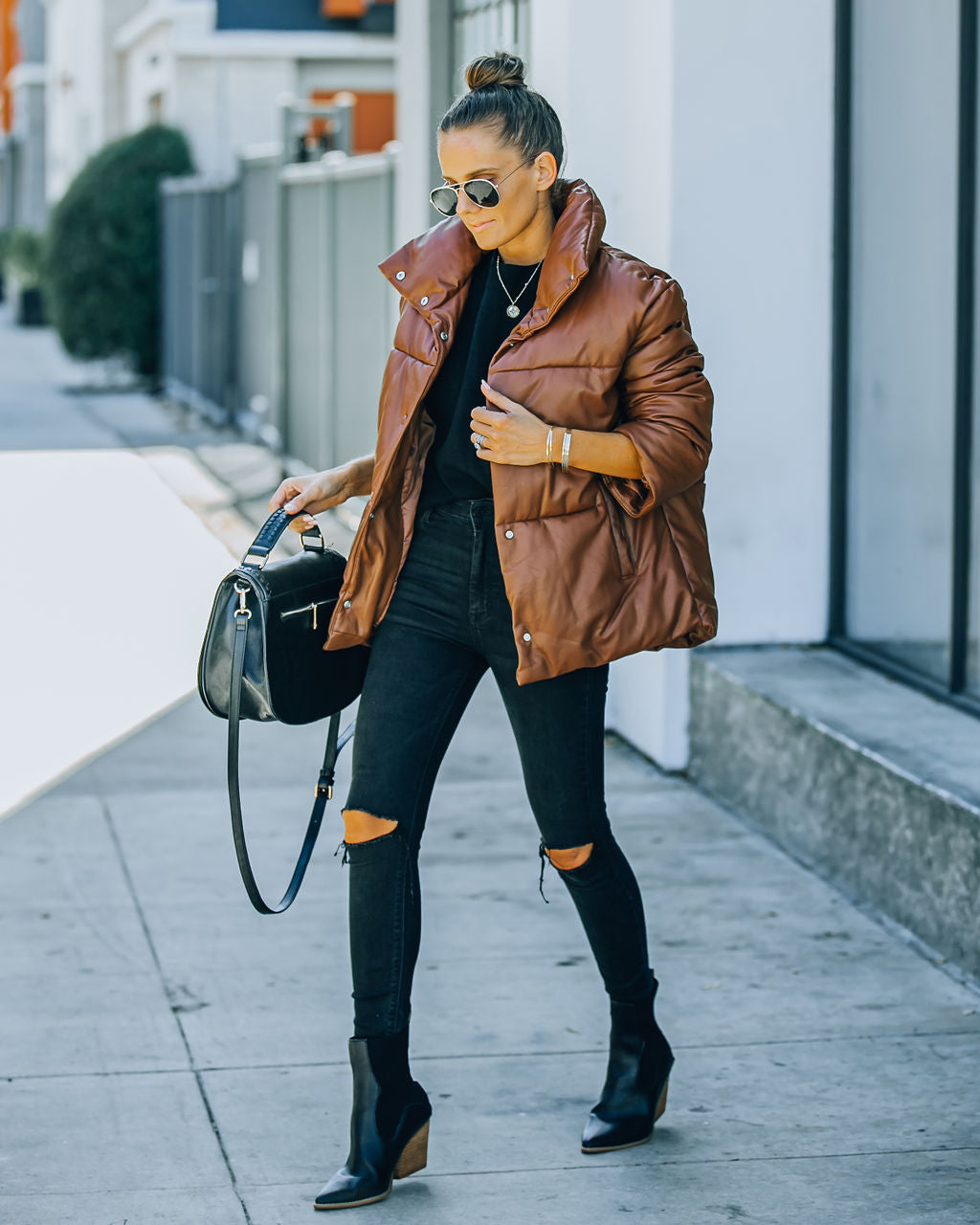 Brown Cade Pocketed Faux Leather Puffer Jacket