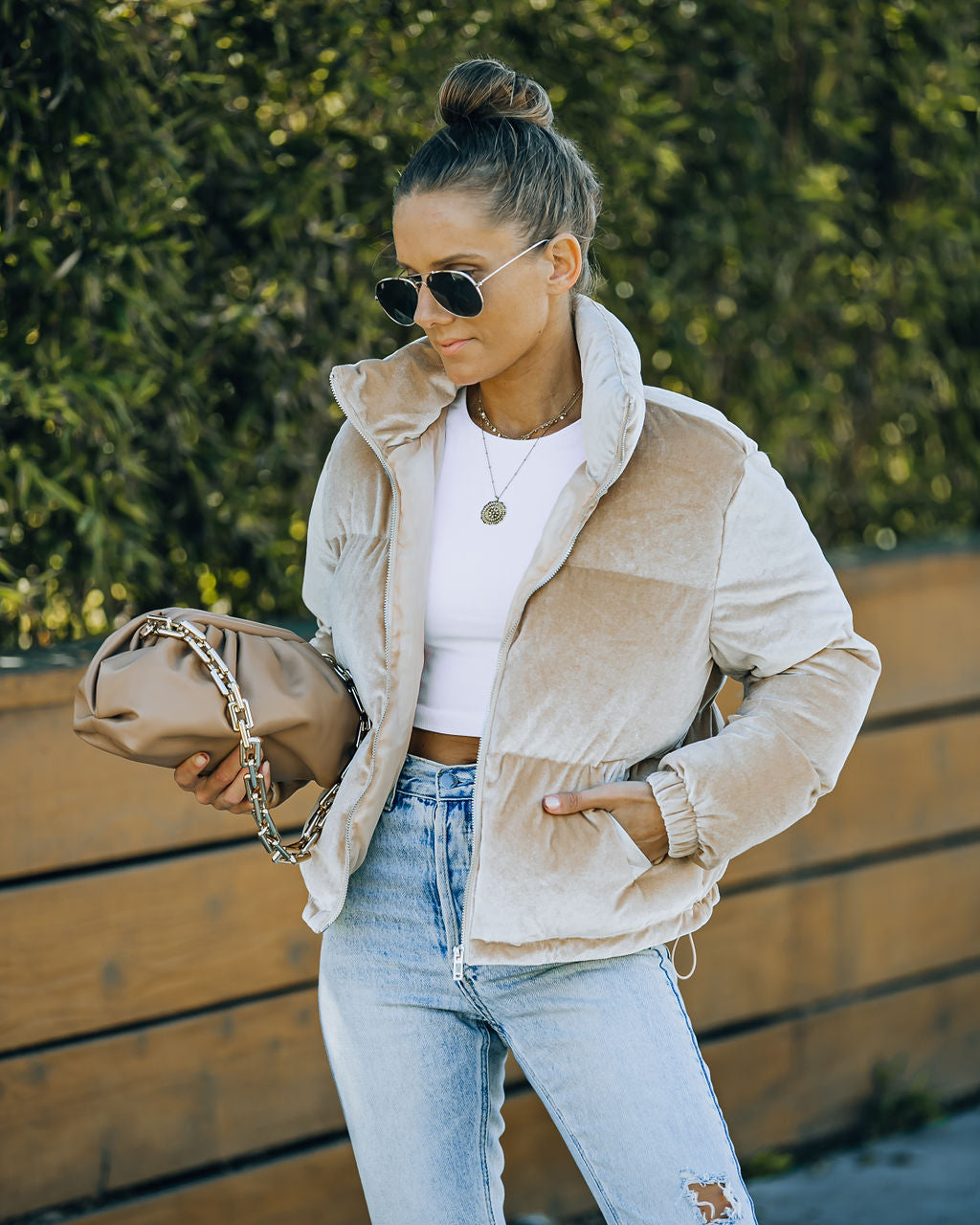 Velvet Puffer Jacket - Beige