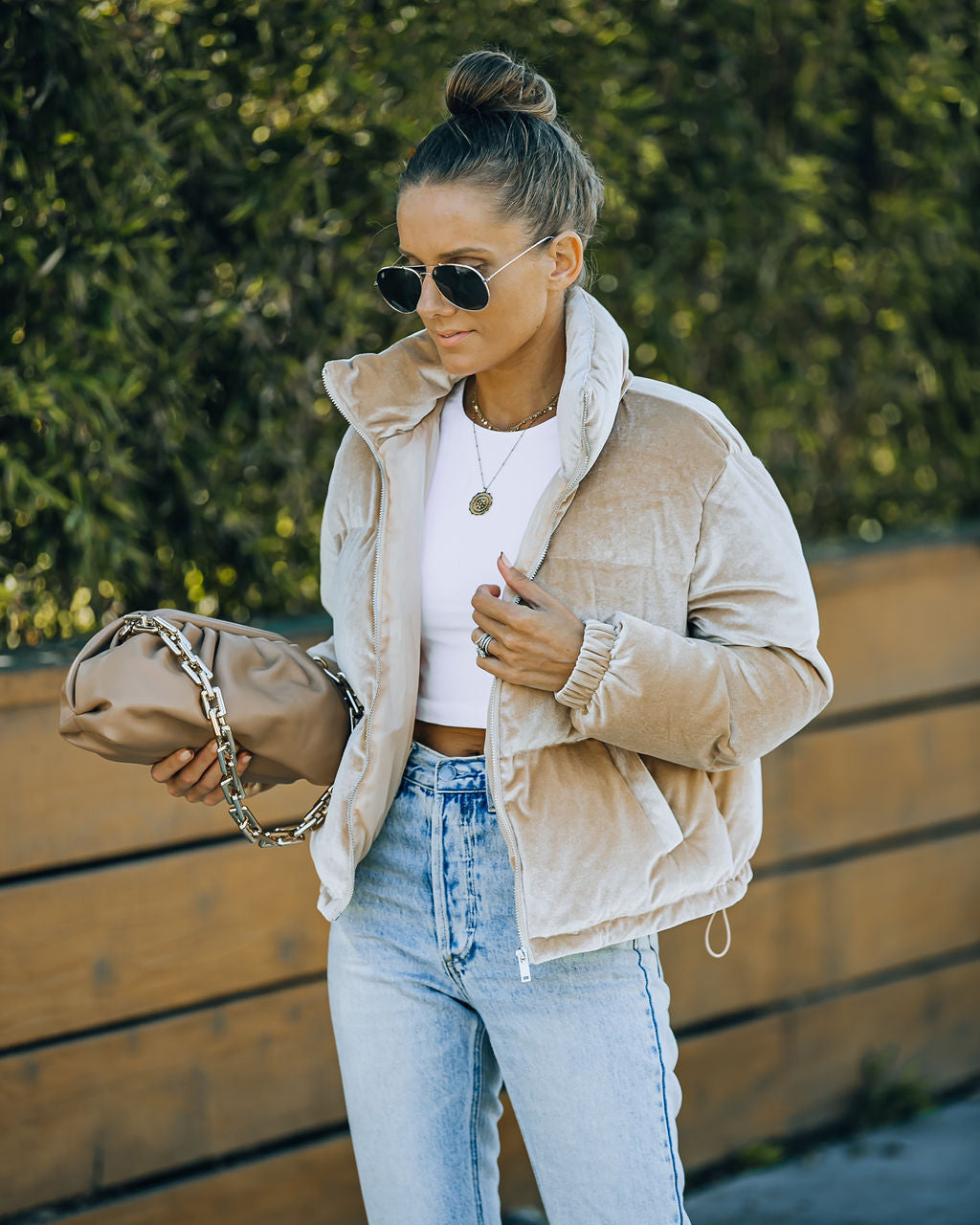 Velvet Puffer Jacket - Beige