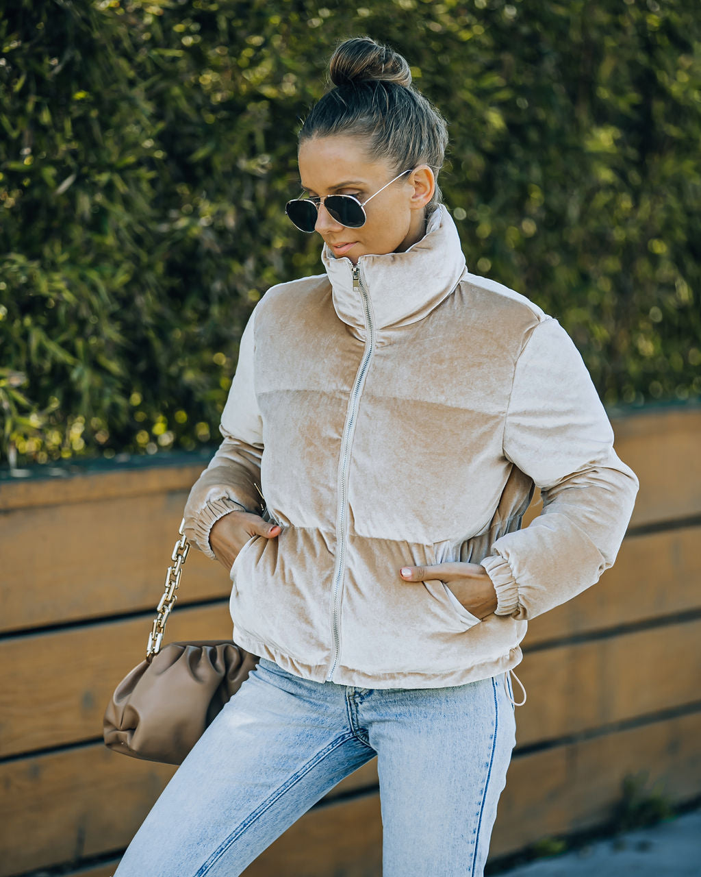 Velvet Puffer Jacket - Beige