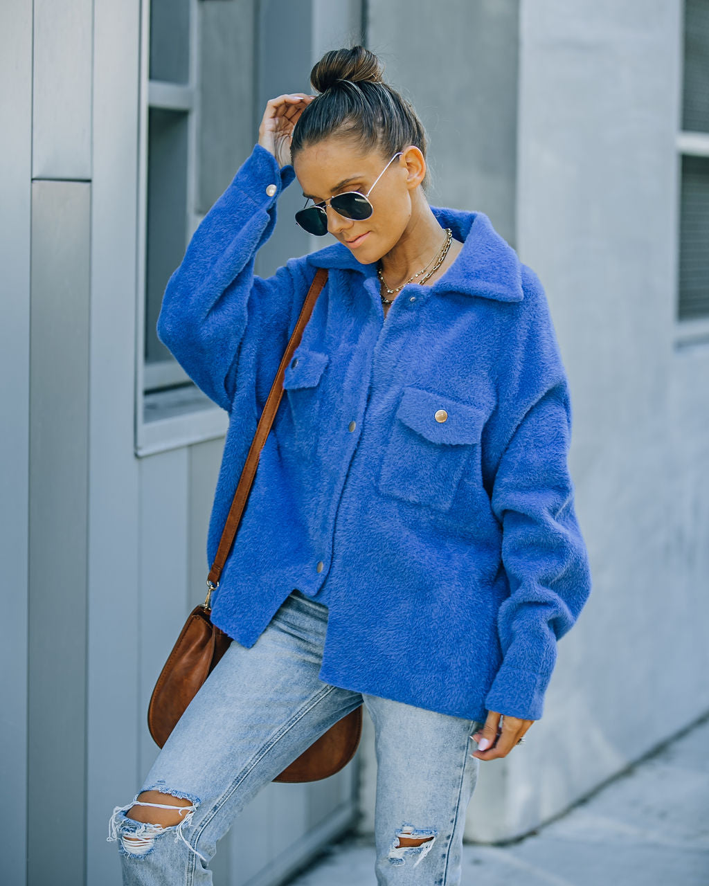 Aiden Blue Fuzzy Knit Shacket