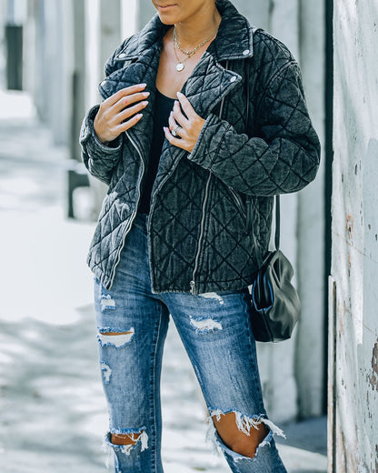 Storm Quilted Denim Moto Jacket - Faded Black