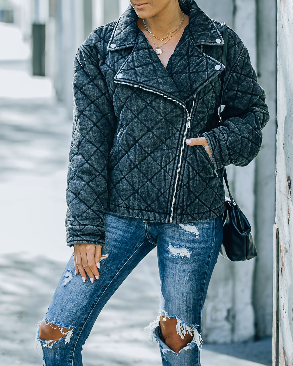 Storm Quilted Denim Moto Jacket - Faded Black