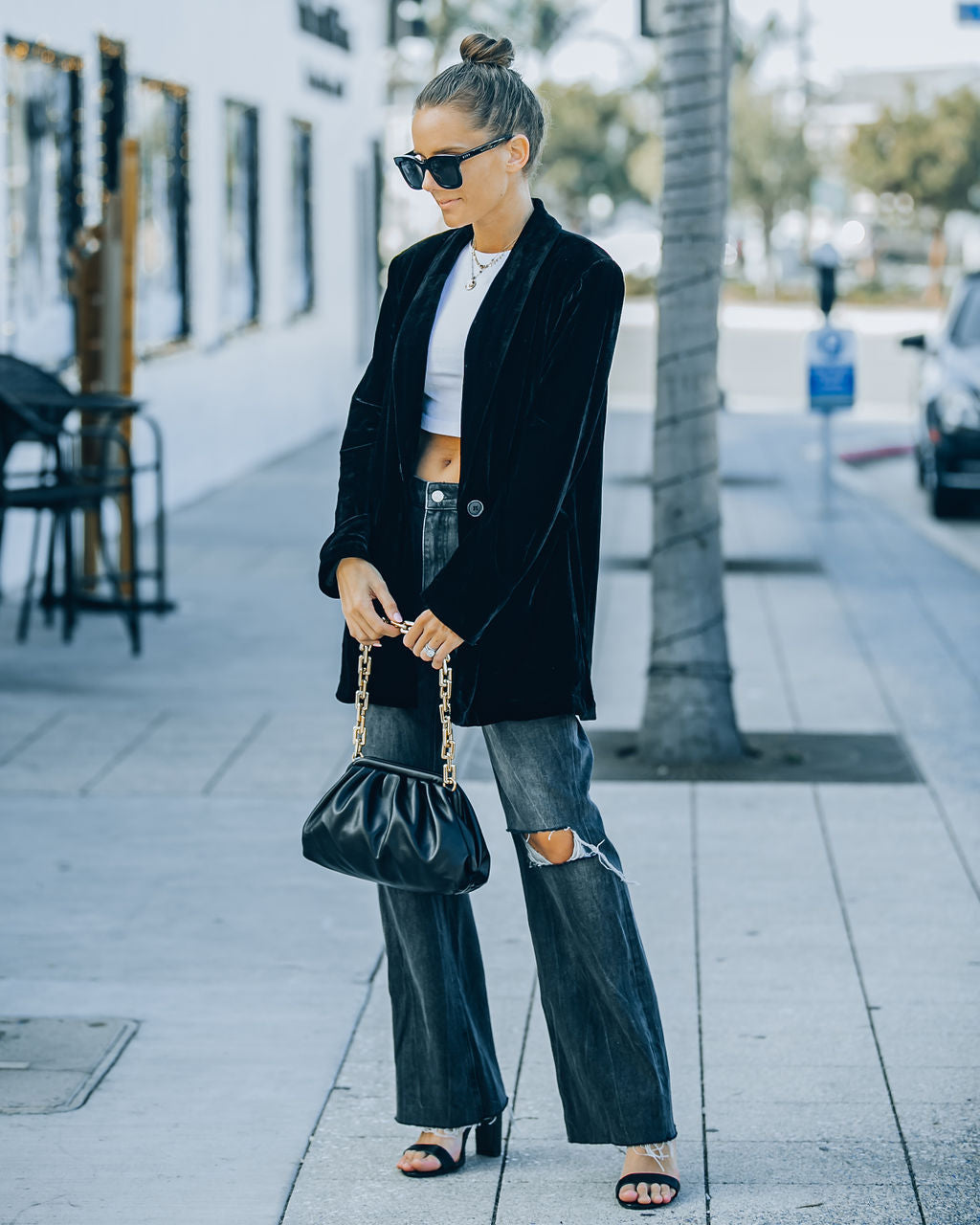 Pocketed Velvet Blazer - Black