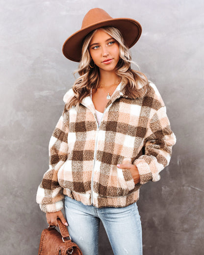 Plaid Pocketed Teddy Jacket