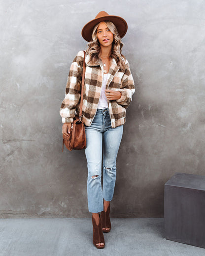 Plaid Pocketed Teddy Jacket