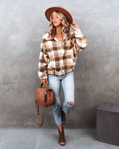 Plaid Pocketed Teddy Jacket