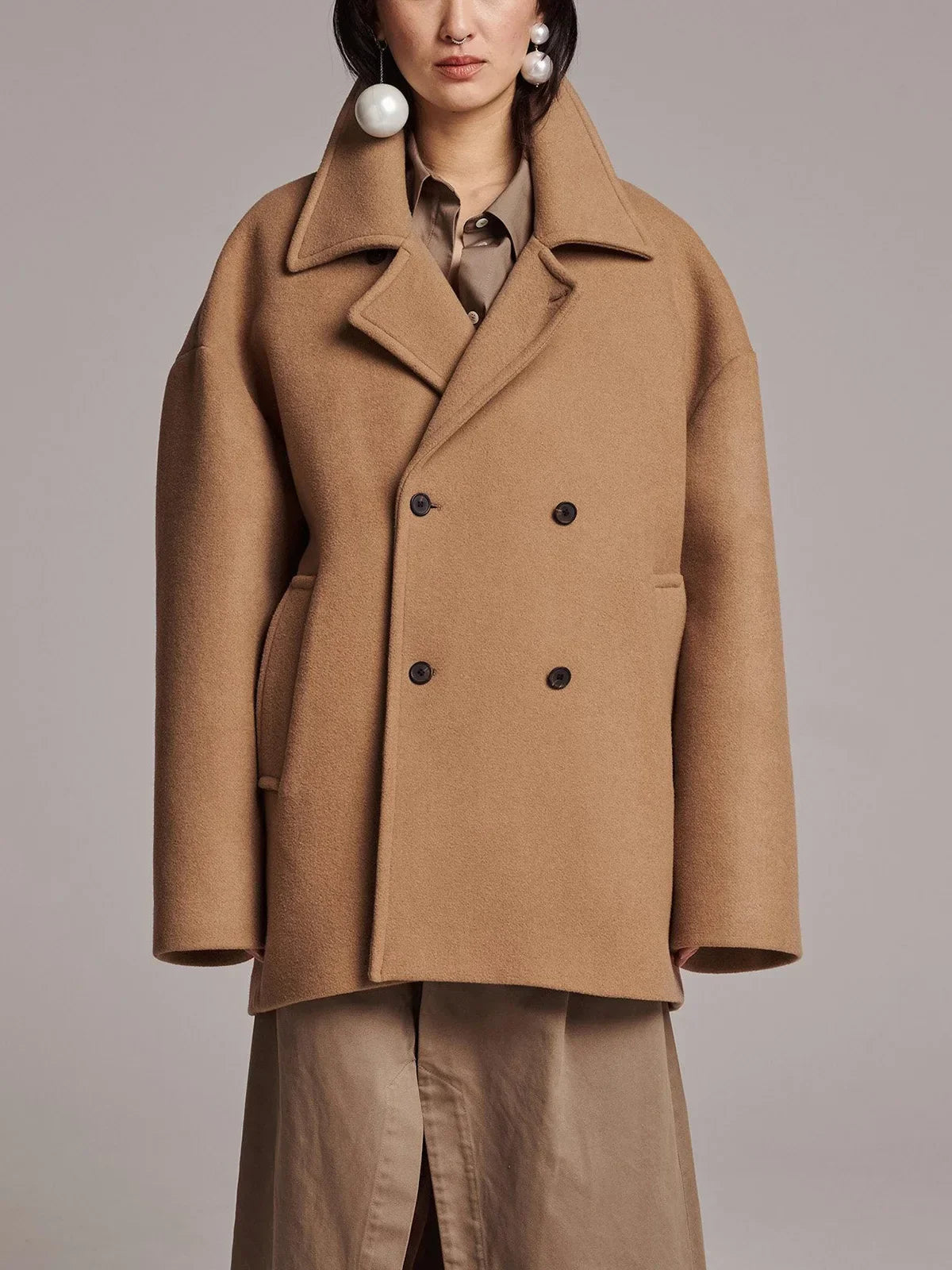 Black Lapel Slim Single-Breasted Overcoat camel / XS