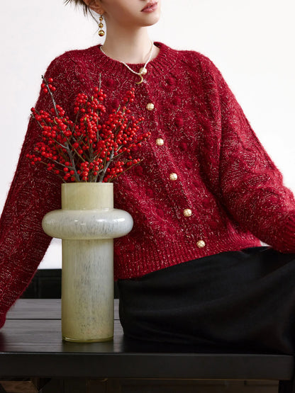 4.8% Sheep Wool Red Elegant Cable Cardigan