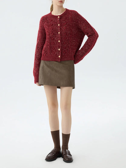 4.8% Sheep Wool Red Elegant Cable Cardigan