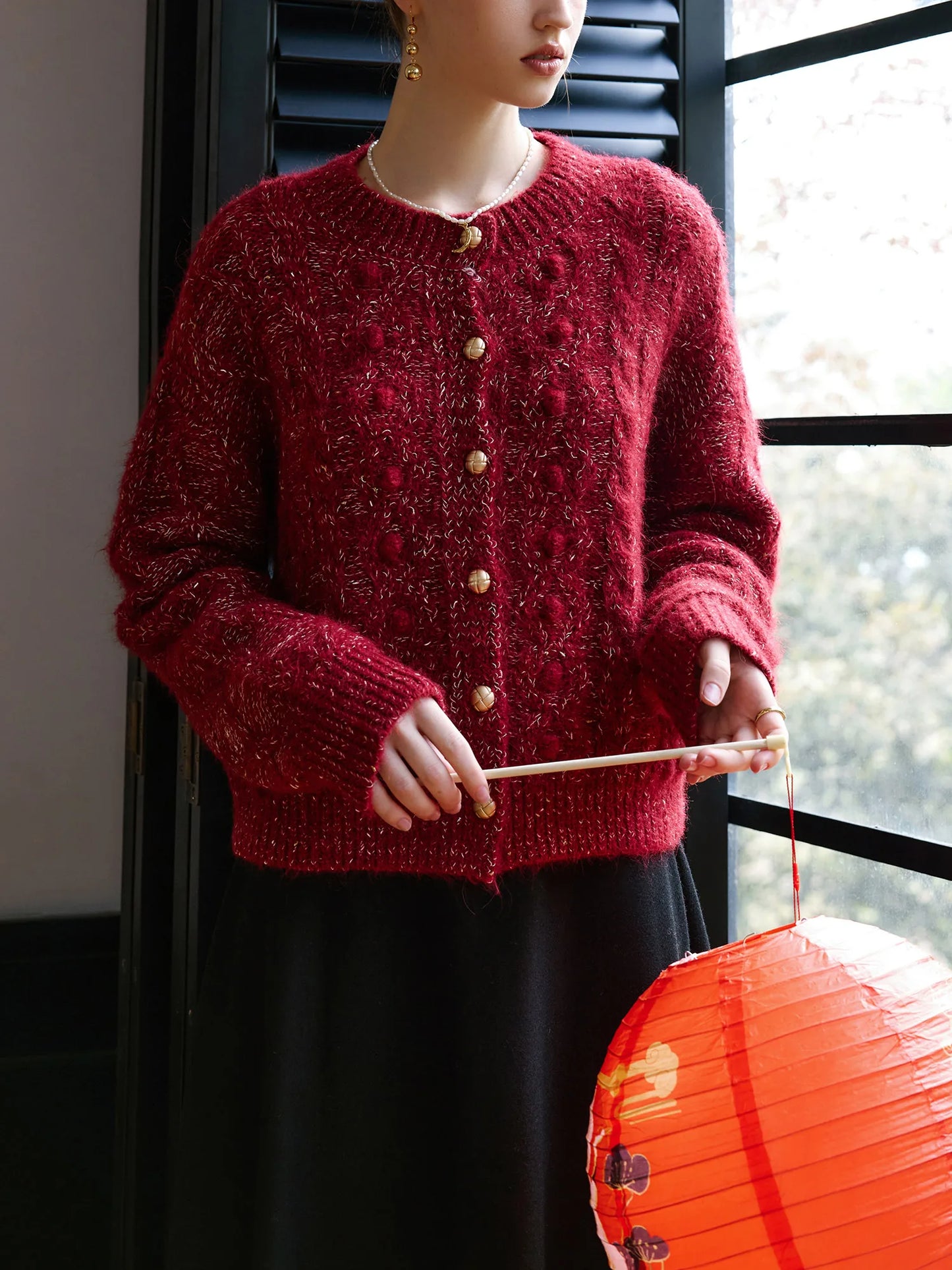 4.8% Sheep Wool Red Elegant Cable Cardigan