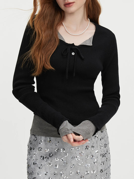 3.9% Wool  U - Neck Lace - Up  Slim Sweater