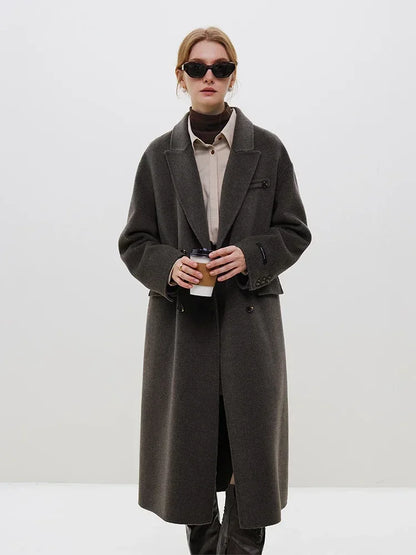 Wool Camel Hair Temperament Oatmeal Long Notched Collar Double Breasted Classic Chic Coat