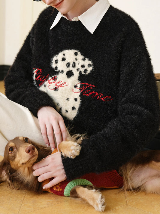 Black White Contrast Dalmatian Embroidered Sweater