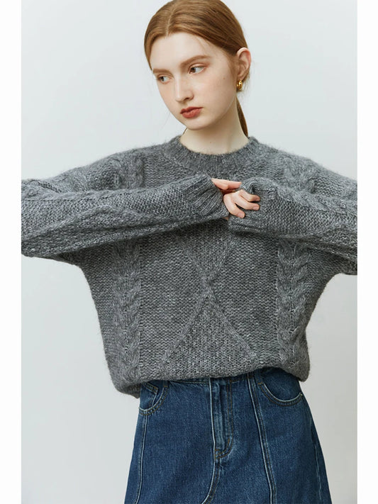 Rhombus Pattern Twist Knitted Pullover Sweater