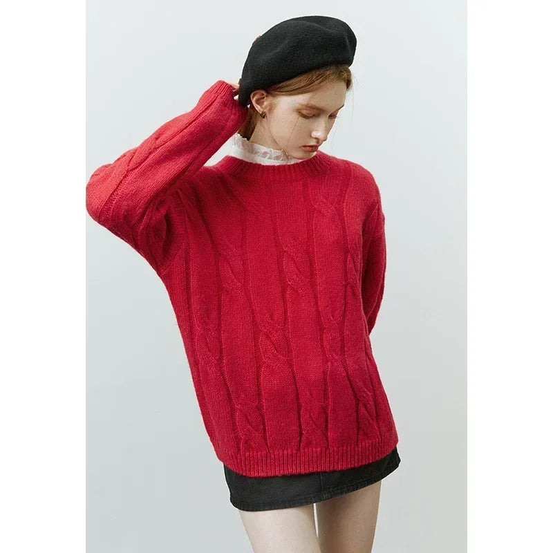 Round Neck Twisted Mohair Casual Solid Full Sleeve Christmas Sweater