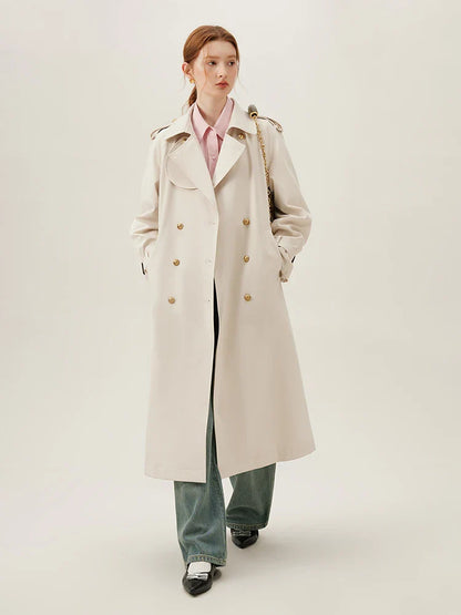 Turn-down Collar Double Breasted Office Lady Long Light Khaki Spring New Elegant Chic Coat