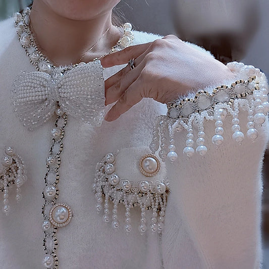 Pearls Tassels Fringed Bow Cardigan