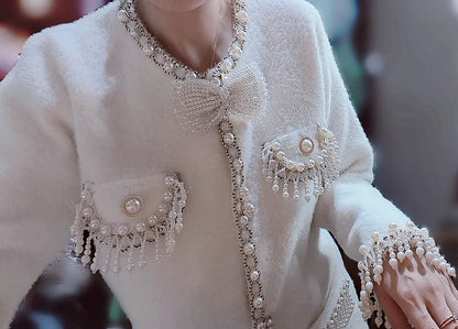 Pearls Tassels Fringed Bow Cardigan