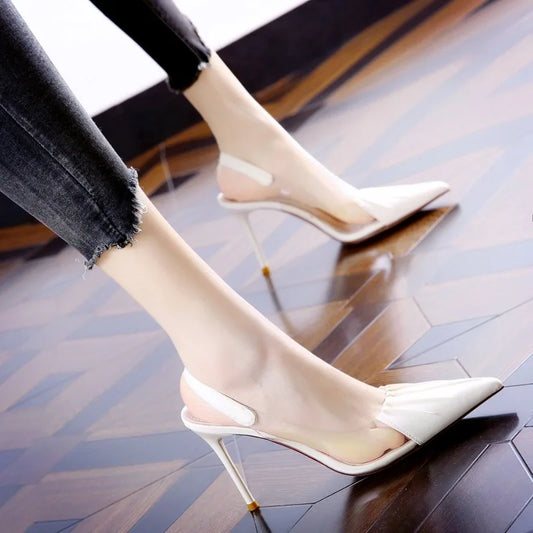 Fairy Style Pleated Pointed Thin Heeled Shoes for Women's Summer - Sexy Back Empty One Footed Shallow Mouth High Heels