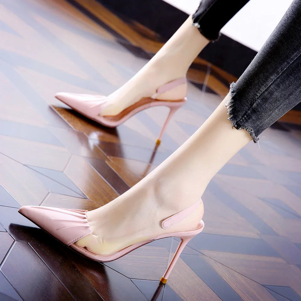 Fairy Style Pleated Pointed Thin Heeled Shoes for Women's Summer - Sexy Back Empty One Footed Shallow Mouth High Heels