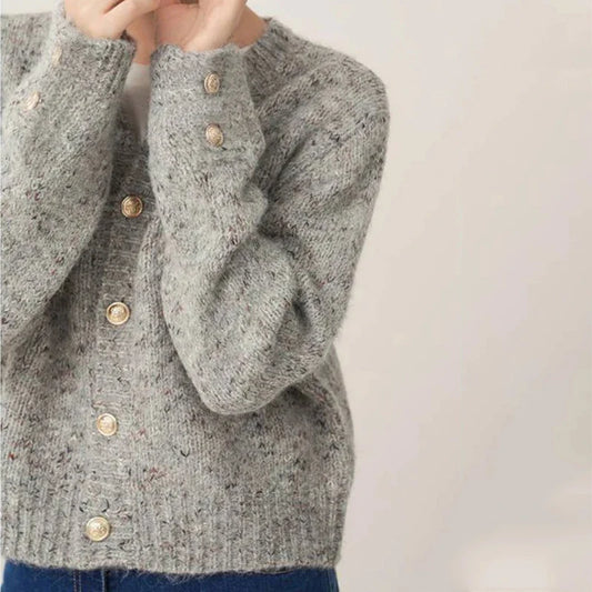 Gray Elegant O-neck Button Cardigan