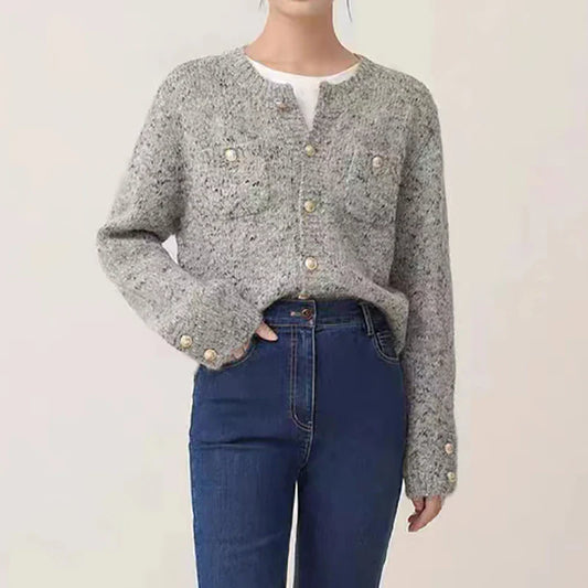 Gray Elegant O-neck Button Cardigan