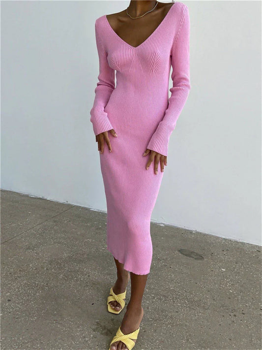 Fall Winter Knit Rib Long Sleeve V Neck Backless Midi Dress