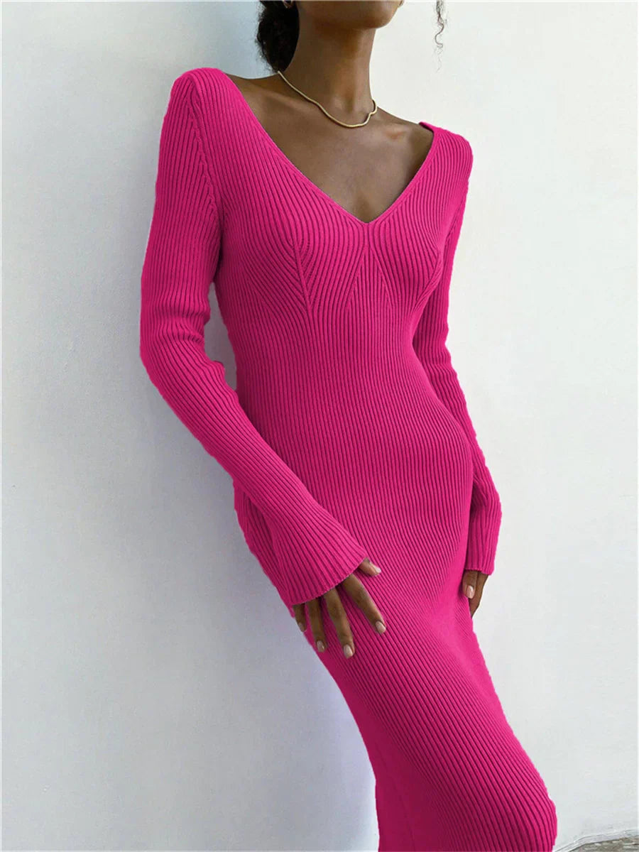 Fall Winter Knit Rib Long Sleeve V Neck Backless Midi Dress