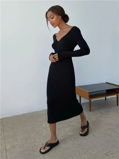 Fall Winter Knit Rib Long Sleeve V Neck Backless Midi Dress