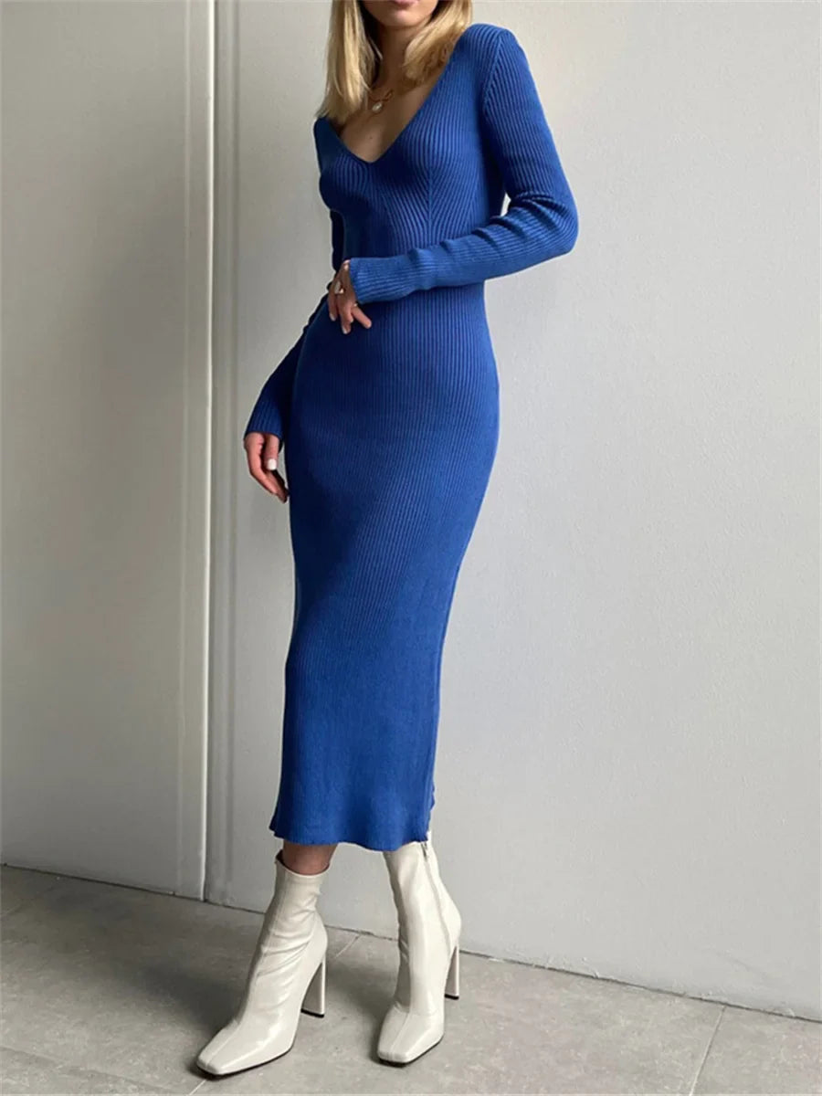 Fall Winter Knit Rib Long Sleeve V Neck Backless Midi Dress